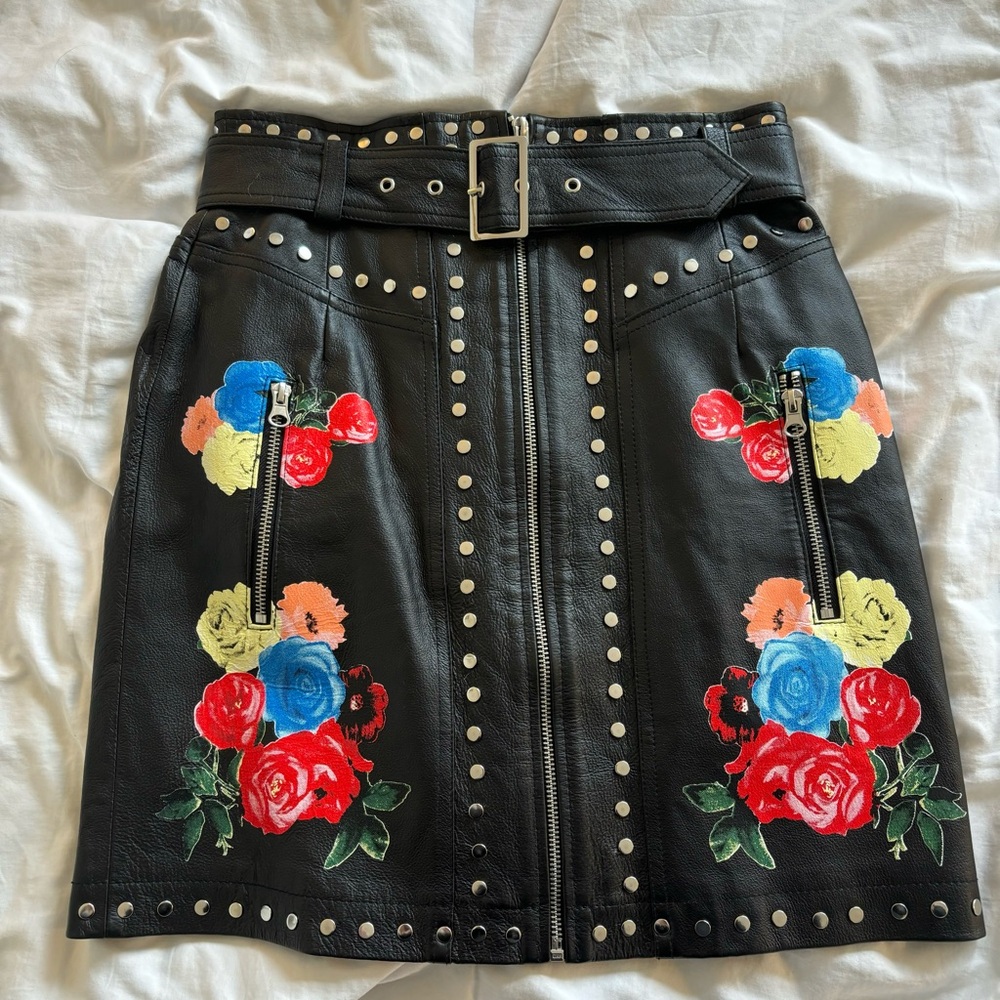 ASOS 100% Leather Flower Print Embellished  Black Skirt